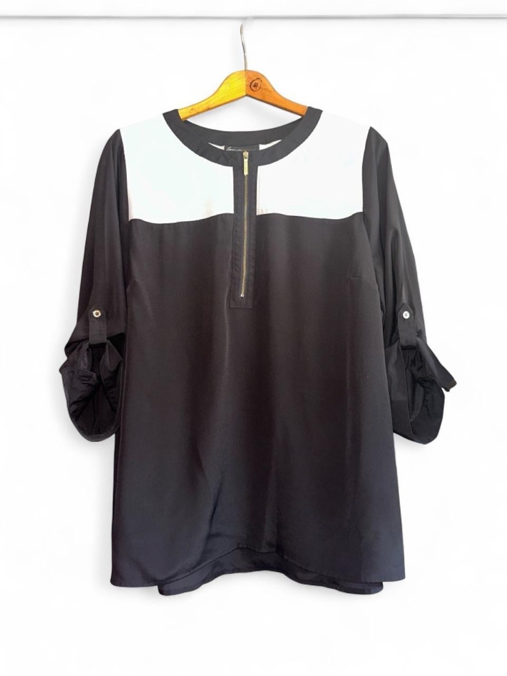 Lane Bryant Blouse Quarter Zip Black White Colorblock Tab Sleeve Womens Plus 22 - Picture 5 of 8
